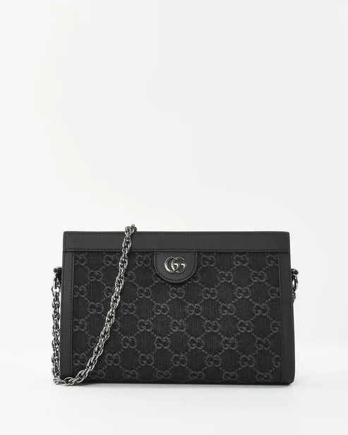 Bolsa Gucci Black Monogram Canvas GG Ophidia Chain Shoulder Bag