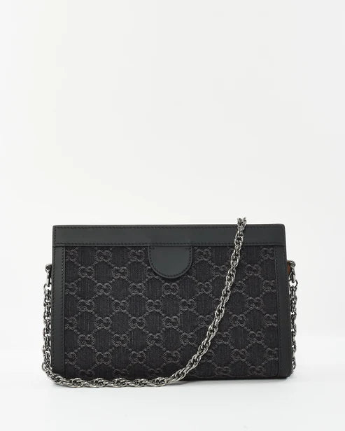 Bolsa Gucci Black Monogram Canvas GG Ophidia Chain Shoulder Bag